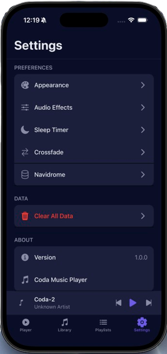 Coda settings screen